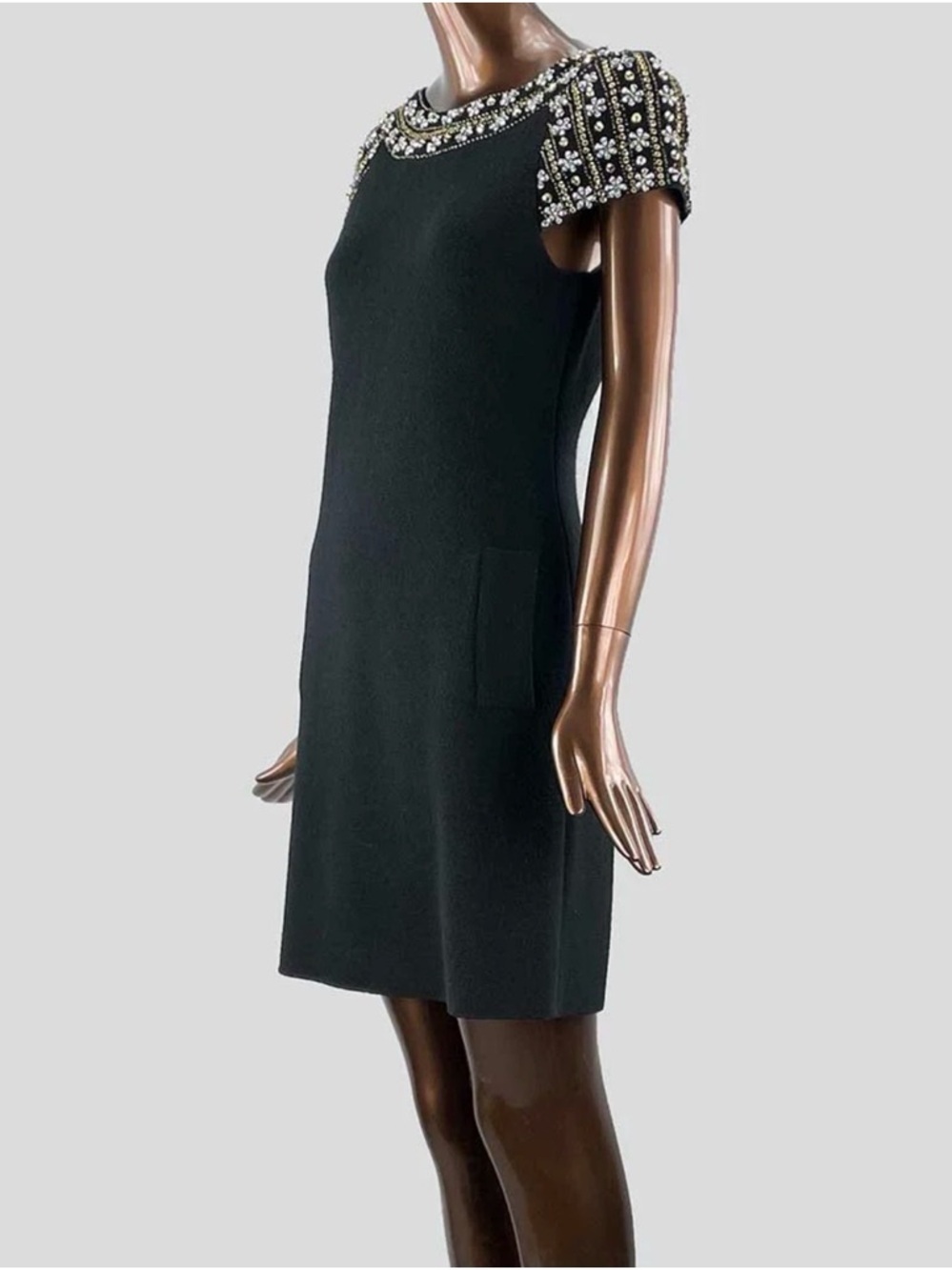 Tracy Reese short sleeve rhinestone crystal short sleeve wool dress black medium